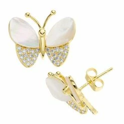 Wholesale 🔥 Unbranded 14k Gold Over Silver 👩 Mother-of-Pearl & Cubic Zirconia Pave Butterfly Earrings 👏