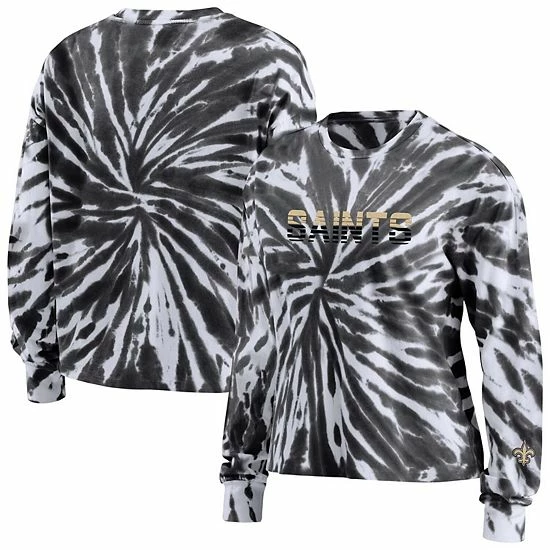 Coupon 👏 Unbranded 👩 Women's WEAR By Erin Andrews Black New Orleans Saints Tie-Dye Cropped Long Sleeve T-Shirt 👍 - Image 2