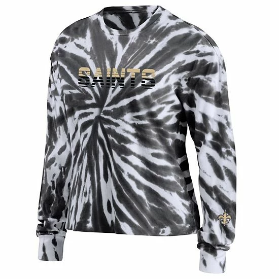 Coupon 👏 Unbranded 👩 Women's WEAR By Erin Andrews Black New Orleans Saints Tie-Dye Cropped Long Sleeve T-Shirt 👍 - Image 3