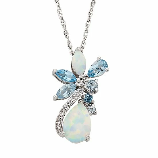 Cheap 🔥 Unbranded Sterling Silver Lab-Created Opal & Blue Topaz Cluster Pendant Necklace 🔔