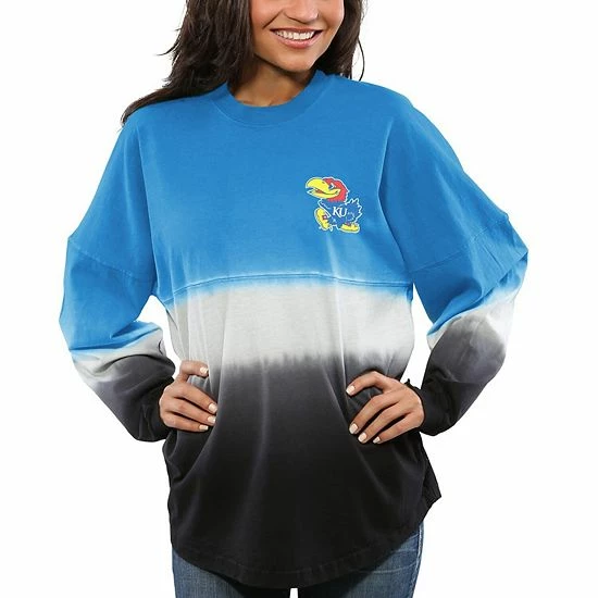 Best deal 🔥 Unbranded 👩 Women's Royal Kansas Jayhawks Ombre Long Sleeve Dip-Dyed Spirit Jersey 👍 - Image 3