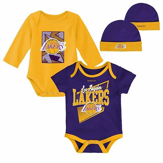 Wholesale 🤩 Unbranded Infant Mitchell & Ness Purple/Gold Los Angeles Lakers Hardwood Classics Bodysuits & Cuffed Knit Hat Set 🔔