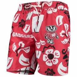 Best Sale ⌛ Unbranded Men's Wes & Willy Red Wisconsin Badgers Floral Volley Swim Trunks 🔔