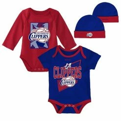 New 🔔 Unbranded Newborn & Infant Mitchell & Ness Royal/Red LA Clippers 3-Piece Hardwood Classics Bodysuits & Cuffed Knit Hat Set 🌟