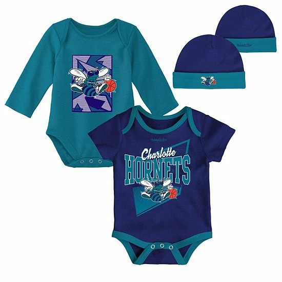Deals ๐ Unbranded Newborn & Infant Mitchell & Ness Purple/Teal Charlotte Hornets 3-Piece Hardwood Classics Bodysuits & Cuffed Knit Hat Set ๐ฅ - Image 2