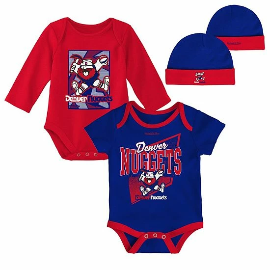 Cheap ✨ Unbranded Infant Mitchell & Ness Blue/Red Denver Nuggets Hardwood Classics Bodysuits & Cuffed Knit Hat Set ❤️