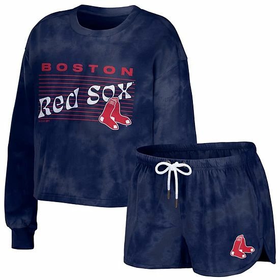 Coupon 😍 Unbranded 👩 Women's WEAR By Erin Andrews Navy Boston Red Sox Tie-Dye Cropped Pullover Sweatshirt & Shorts Lounge Set 🤩 - Image 2