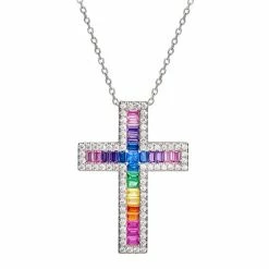 Best Sale ✔️ Unbranded Sterling Silver Rainbow Cubic Zirconia Cross Pendant Necklace 👏
