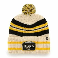 Hot Sale 🎉 Unbranded Men's '47 Natural Iowa Hawkeyes Hone Patch Cuffed Knit Hat With Pom 😀