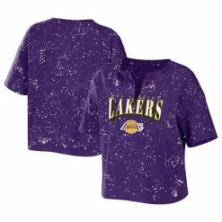Wholesale ⭐ Unbranded 👩 Women's WEAR By Erin Andrews Purple Los Angeles Lakers Bleach Splatter Notch Neck T-Shirt 🤩