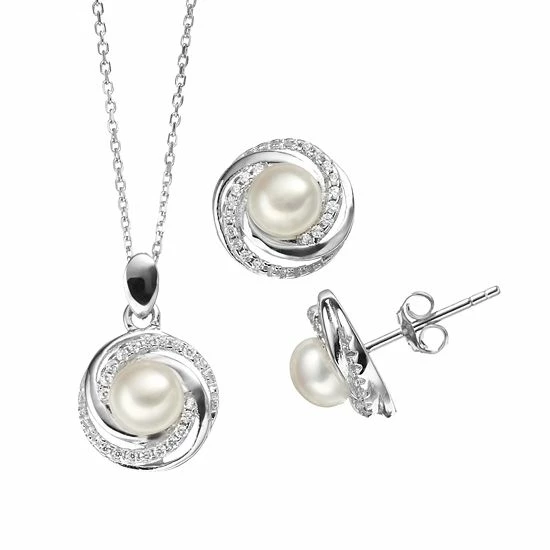 Coupon 🤩 Unbranded Freshwater Cultured Pearl & Cubic Zirconia Sterling Silver Halo Pendant Necklace & Button Stud Earring Set 🔔