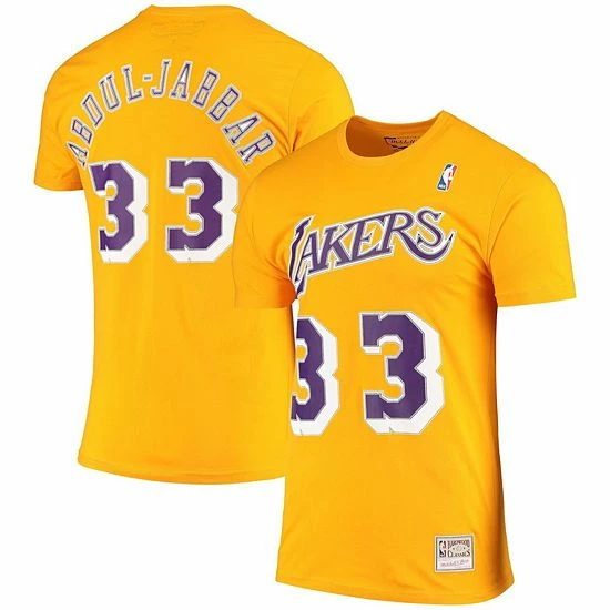 Outlet โ๏ธ Unbranded Men's Mitchell & Ness Kareem Abdul-Jabbar Gold Los Angeles Lakers Hardwood Classics Stitch Name & Number T-Shirt ๐