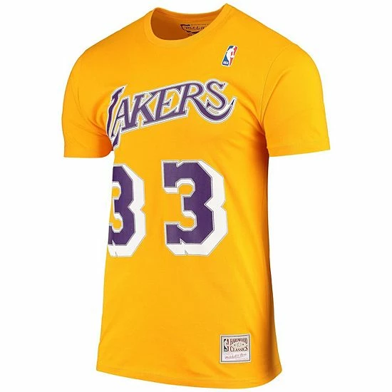 Outlet โ๏ธ Unbranded Men's Mitchell & Ness Kareem Abdul-Jabbar Gold Los Angeles Lakers Hardwood Classics Stitch Name & Number T-Shirt ๐ - Image 2