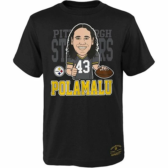 New ๐ Unbranded Youth Mitchell & Ness Troy Polamalu Black Pittsburgh Steelers Caricature Graphic T-Shirt โ