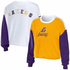 Hot Sale 🥰 Unbranded 👩 Women's WEAR By Erin Andrews Heather Gold Los Angeles Lakers Mixed Letter Cropped Pullover Sweatshirt 👍