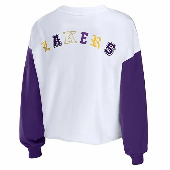 Hot Sale 🥰 Unbranded 👩 Women's WEAR By Erin Andrews Heather Gold Los Angeles Lakers Mixed Letter Cropped Pullover Sweatshirt 👍 - Image 4