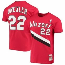 Buy 🔔 Unbranded Men's Mitchell & Ness Clyde Drexler Red Portland Trail Blazers Hardwood Classics Player Name & Number T-Shirt 😀