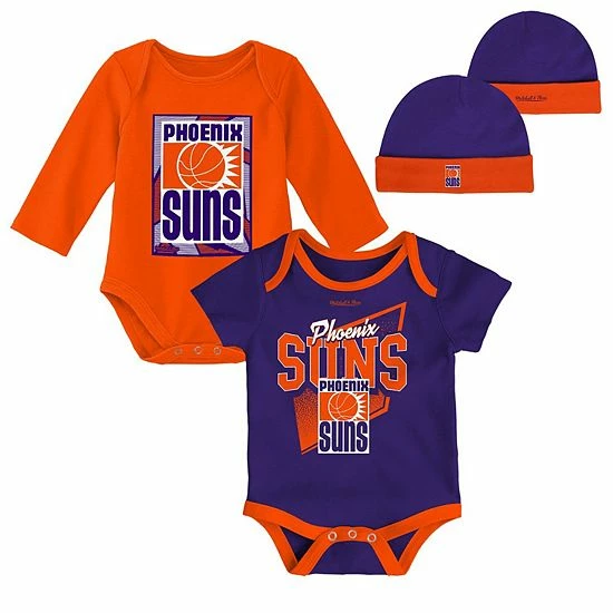 Wholesale ๐ Unbranded Newborn & Infant Mitchell & Ness Purple/Orange Phoenix Suns 3-Piece Hardwood Classics Bodysuits & Cuffed Knit Hat Set ๐งจ - Image 2