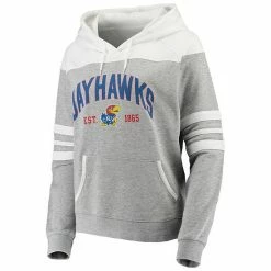 Best deal 🔥 Unbranded 👩 Women's Gray/White Kansas Jayhawks Blitz Sleeve Striped Blocked Raglan Hoodie 🎁