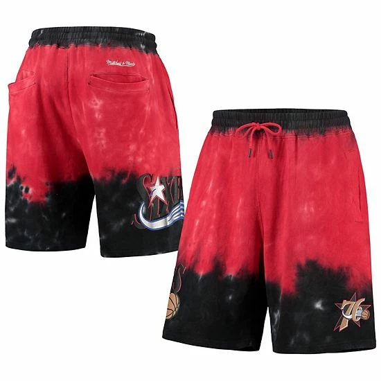 Flash Sale 👍 Unbranded Men's Mitchell & Ness Black/Red Philadelphia 76ers Hardwood Classics Terry Tie-Dye Shorts 👏 - Image 2