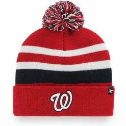 Budget 🎁 Unbranded Men's '47 Red Washington Nationals State Line Cuffed Knit Hat With Pom 🌟