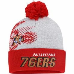 Best Pirce 🔥 Unbranded Men's Mitchell & Ness Gray/Red Philadelphia 76ers Hardwood Classics Draft Cuffed Knit Hat With Pom 🤩