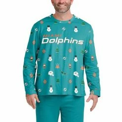 Budget 🔔 Unbranded Men's FOCO Aqua Miami Dolphins Ugly Sweater Long Sleeve T-Shirt 🥰