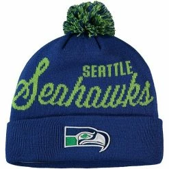 Hot Sale 🎁 Unbranded Youth Mitchell & Ness Royal Seattle Seahawks Retro Script Cuffed Knit Hat With Pom 🌟