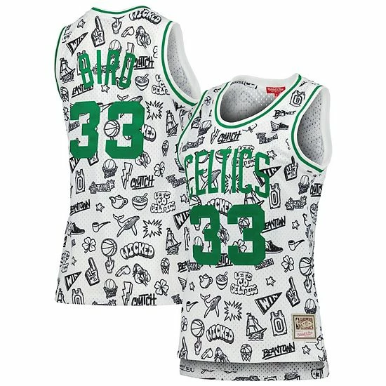Outlet 😉 Unbranded 👩 Women's Mitchell & Ness Larry Bird White Boston Celtics 1985 Doodle Swingman Jersey 👏 - Image 2