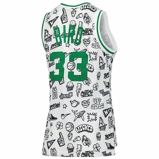 Outlet 😉 Unbranded 👩 Women's Mitchell & Ness Larry Bird White Boston Celtics 1985 Doodle Swingman Jersey 👏 - Image 4