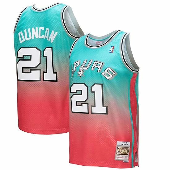 Best deal ๐งจ Unbranded Men's Mitchell & Ness Tim Duncan Pink/Teal San Antonio Spurs 1998/99 Hardwood Classics Fadeaway Swingman Player Jersey ๐