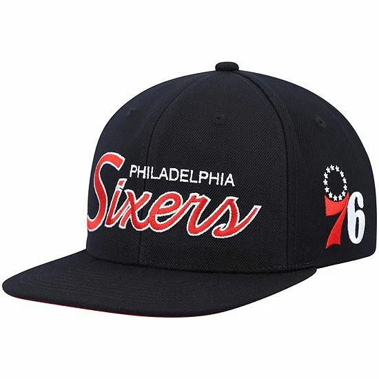 New 🤩 Unbranded Men's Mitchell & Ness Black Philadelphia 76ers Hardwood Classics Script 2.0 Snapback Hat 👍