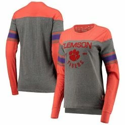 New 🌟 Unbranded 👩 Women's Pressbox Orange/Heathered Gray Clemson Tigers Lizzy Flocking Striped Long Sleeve T-Shirt 💯