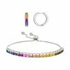 Outlet 👏 Unbranded Sterling Silver Rainbow Cubic Zirconia Adjustable Bracelet & Hoop Earring Set 🔔