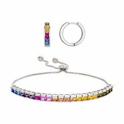 Outlet 👏 Unbranded Sterling Silver Rainbow Cubic Zirconia Adjustable Bracelet & Hoop Earring Set 🔔