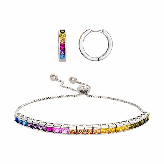 Outlet 👏 Unbranded Sterling Silver Rainbow Cubic Zirconia Adjustable Bracelet & Hoop Earring Set 🔔