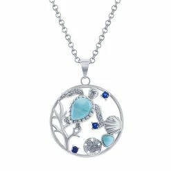 Promo 🔔 Unbranded Sterling Silver Larimar & Simulated Sapphire Sea Life Pendant Necklace ⭐