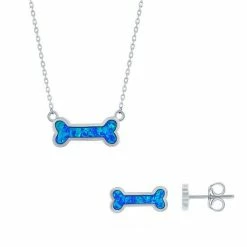 Best Pirce 🛒 Unbranded Sterling Silver Lab-Created Blue Opal 🦮 Dog Bone Necklace & Earrings Set 👍