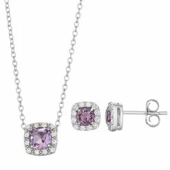 Promo ⌛ Unbranded Sterling Silver Amethyst & Cubic Zirconia Cushion Halo Pendant & Stud Earring Set ✨