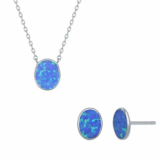 Promo 🎉 Unbranded Sterling Silver Lab-Created Opal Disc Pendant Necklace & Earrings Set Blue 👏