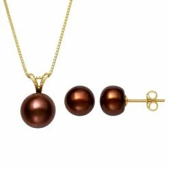 New 🎉 Unbranded 14k Gold Over Silver Dyed Brown Freshwater Cultured Pearl Pendant & Stud Earring Set 🧨