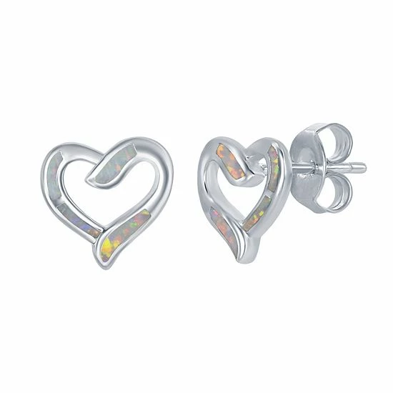 Budget 🛒 Unbranded Sterling Silver Lab-Created Opal Open Heart Pendant Necklace & Earrings Set White 🔔 - Image 3