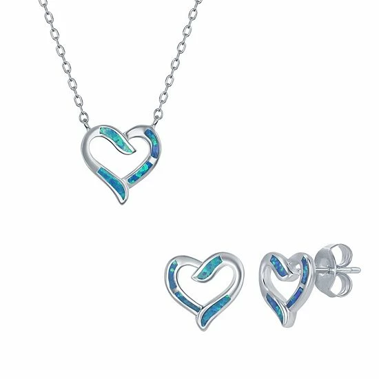 Budget 🛒 Unbranded Sterling Silver Lab-Created Opal Open Heart Pendant Necklace & Earrings Set White 🔔 - Image 4