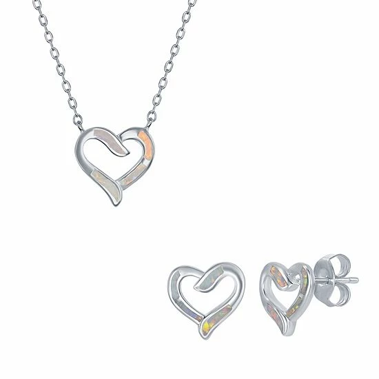 Budget 🛒 Unbranded Sterling Silver Lab-Created Opal Open Heart Pendant Necklace & Earrings Set White 🔔 - Image 5