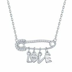 Budget 🥰 Unbranded Sterling Silver Cubic Zirconia Safety Pin "Love" Necklace ✨