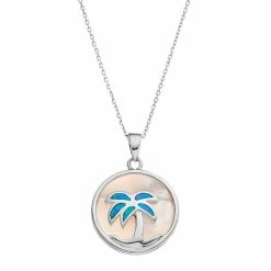 Buy 🎁 Unbranded Sterling Silver 👩 Mother-of-Pearl & Lab-Created Blue Opal Palm Tree Disc Pendant 😉