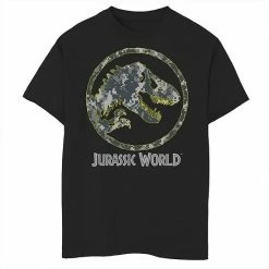 Promo 💯 Unbranded Boys 8-20 Jurassic World Camouflage Yellow Outline Fossil Coin Logo Graphic Tee 👍