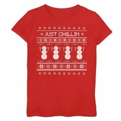 Best Sale 😉 Unbranded 👧 Girls 7-16 "Just Chillin" Fairisle Snowmen Graphic Tee Red ❤️